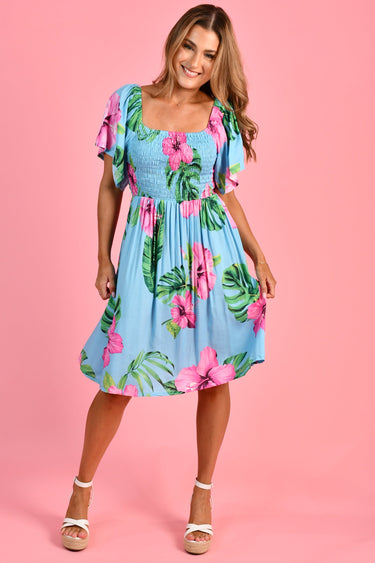 VGLD736 - LOLA SHORT DRESS  - PARADISE PETALS BLUE