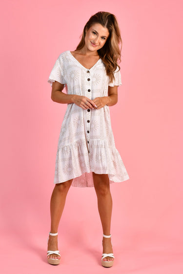 VGLD219 - CAP SLEEVE BUTTON DRESS - GREEK RADIANCE