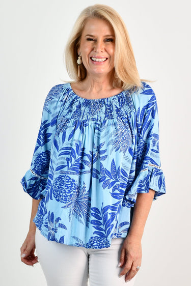 VBLT113 - ROUCHED BELL SLEEVE TOP - BLUE BAHAMA