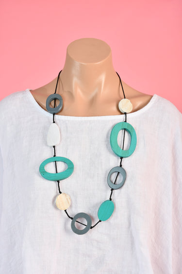 VGA666 - IRREGULAR SHAPE LONG NECKLACE - TURQUOISE/GREY/CREAM