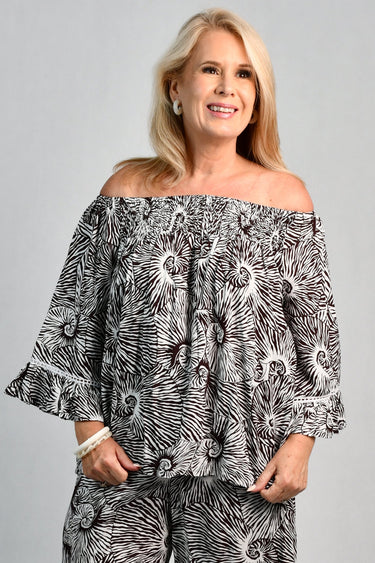 VBLT113 - ROUCHED BELL SLEEVE TOP - SHELL SWIRL BROWN